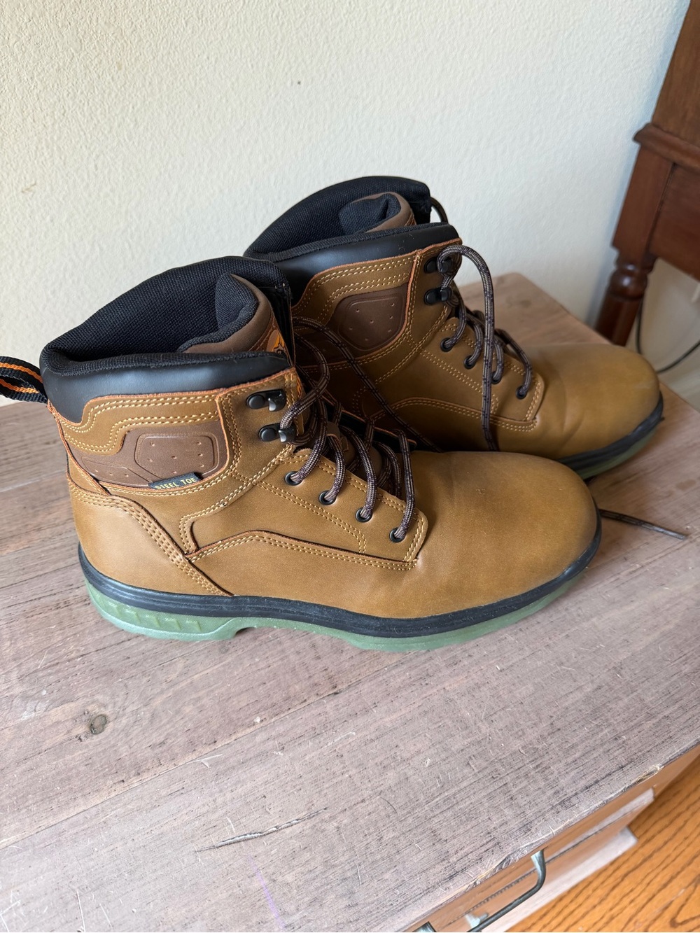 Men's Tan Lace-Up Work Boots with Green Outsole